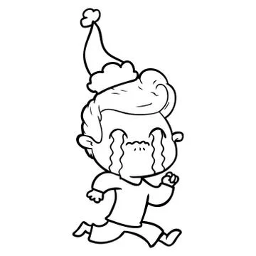 Line drawing of a man crying wearing santa hat Illustrazione stock