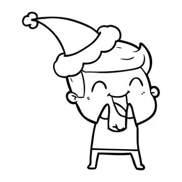 Line drawing of a man laughing wearing santa hat 스톡 일러스트