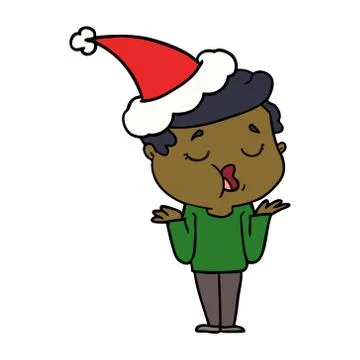 Line drawing of a man talking and shrugging shoulders wearing santa hat Stock Illustration