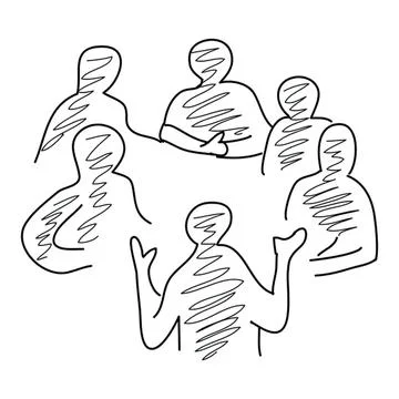Line drawing of people talking and gesturing in a group Stock Illustration