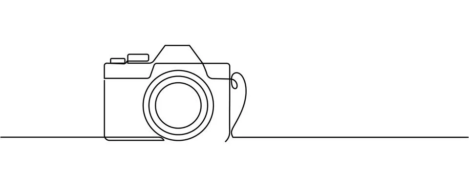 Line drawing photo camera. Single draw photo icon, line art photography cam.. Stock Illustration