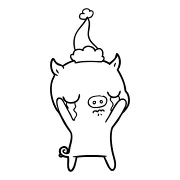 Line drawing of a pig crying wearing santa hat Illustrazione stock