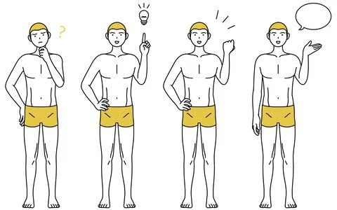 Line drawing pose set of a man with hair loss, talking, questioning, inspirat Stock Illustration