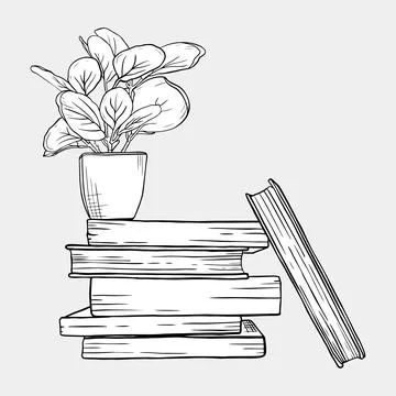 Line drawing of a potted plant on a stack of books with one book leaning of.. Stock Illustration