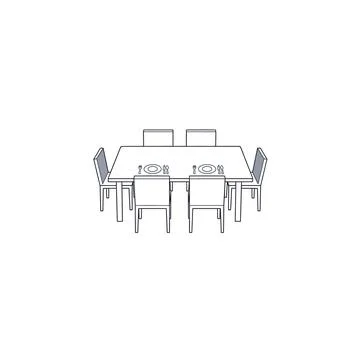 A line drawing of a rectangular table with six chairs around it Stock Illustration