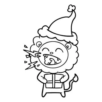 Line drawing of a roaring lion with gift wearing santa hat Illustrazione stock