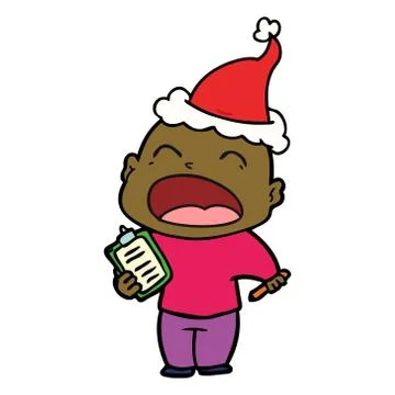 Line drawing of a shouting bald man wearing santa hat Stock Illustration