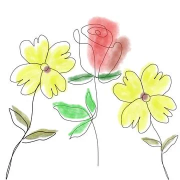 A line drawing of three simple flowers: a tulip, a daisy, and a rose. Stock Illustration