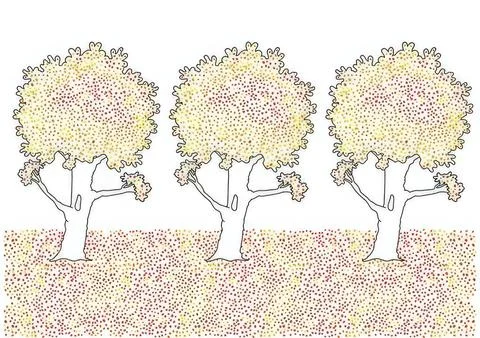Line drawing of three trees in a grassy field Stock Illustration