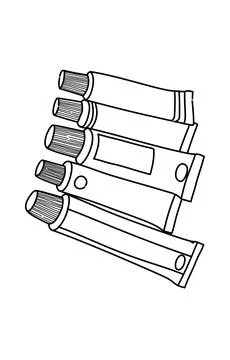 A line drawing of three tubes of toothpaste. tube of ointment  Иллюстрация