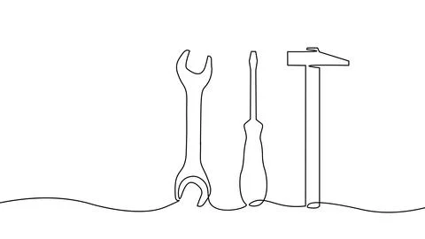 Line drawing tools set. Continuous outline equipment repair maintenance 스톡 일러스트