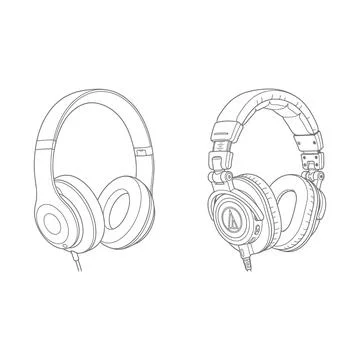 Line drawing of two different style headphones with over ear and on ear des.. Stock Illustration