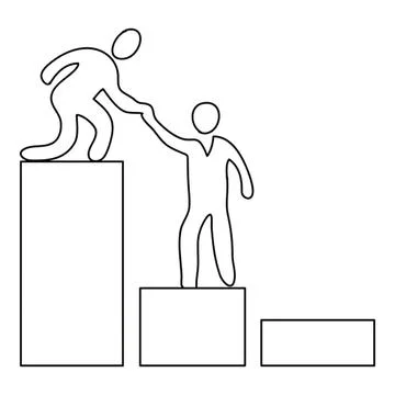 Line drawing of two people helping each other up on stairs Stock Illustration