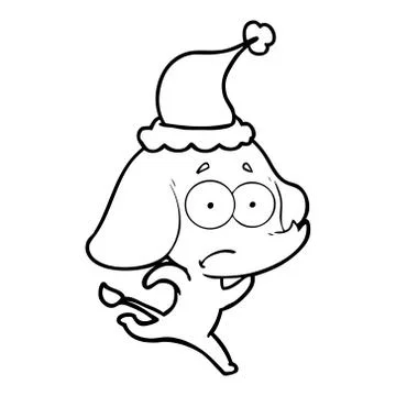 Line drawing of a unsure elephant running away wearing santa hat Stock Illustration