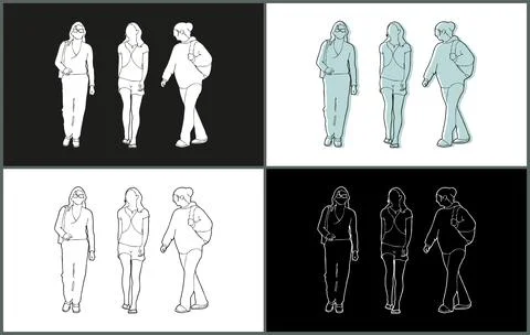 Line Drawing Walking and Standing Poses Casual Women Illustrations set Stock Illustration