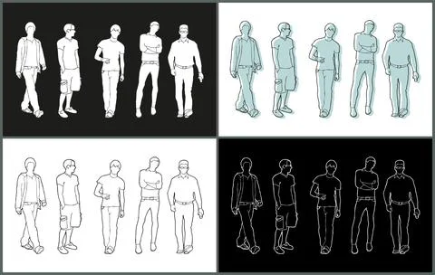 Line Drawing Walking and Standing Poses Casual Male Illustrations set Stock Illustration