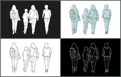 Line Drawing Walking and Standing Poses Casual Women View From Behind Stock Illustration