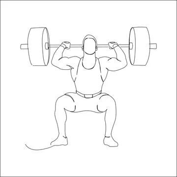 Line drawing of a weightlifter performing a back squat with a loaded barbell Stock Illustration
