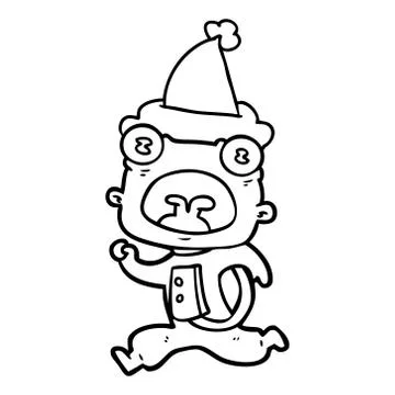 Line drawing of a weird alien running away wearing santa hat Stock Illustration