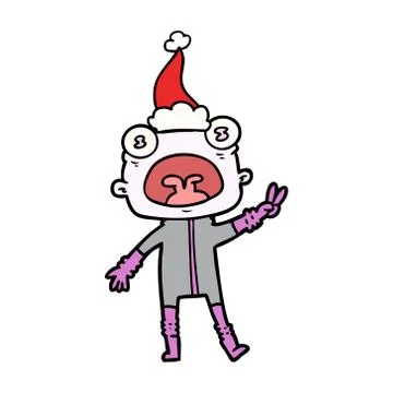 Line drawing of a weird alien waving wearing santa hat Stock Illustration