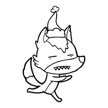 Line drawing of a wolf showing teeth wearing santa hat Stock Illustration