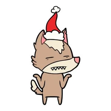Line drawing of a wolf showing teeth wearing santa hat Stock Illustration