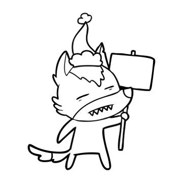 Line drawing of a wolf with sign post showing teeth wearing santa hat Stock Illustration