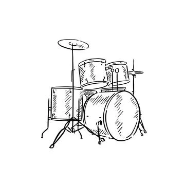 Line drawn drum kit in black and white. Stock Illustration