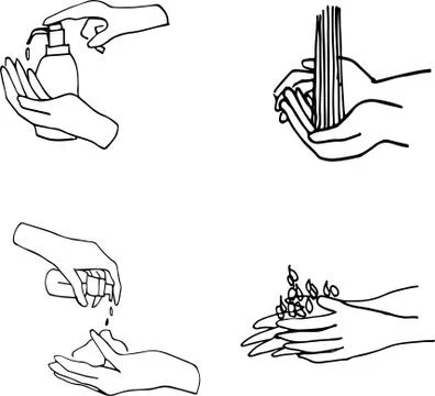 Line drawn hands using sanitizer gel to protect Covid-19 virus or coronavirus Stock Illustration