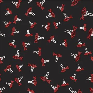 Line Dried fish icon isolated seamless pattern on black background. Vector 스톡 일러스트