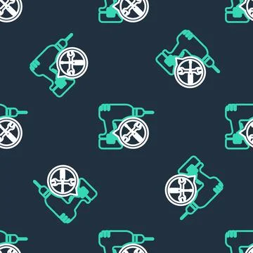 Line Drill machine with screwdriver and wrench icon isolated seamless pattern on Stock Illustration