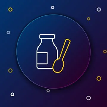 Line Drinking yogurt in bottle with spoon icon isolated on blue background... Stock Illustration