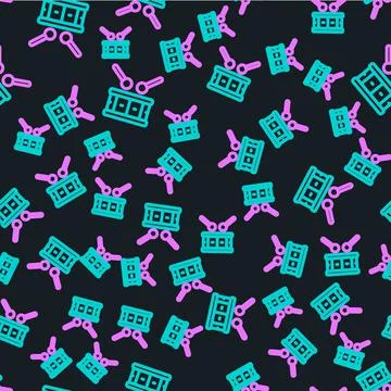Line Drum with drum sticks icon isolated seamless pattern on black background Stock Illustration