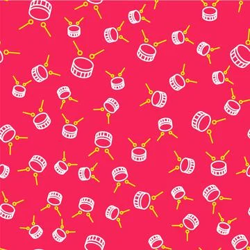 Line Drum with drum sticks icon isolated seamless pattern on red background Stock Illustration