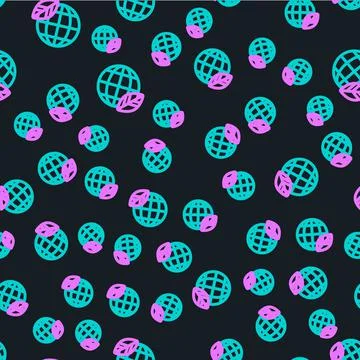 Line Earth globe and leaf icon isolated seamless pattern on black background Stock Illustration