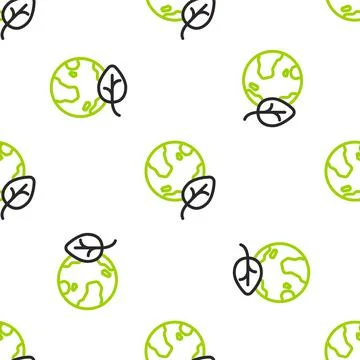 Line Earth globe and leaf icon isolated seamless pattern on white background Stock Illustration