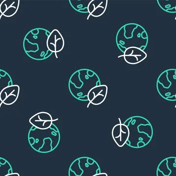 Line Earth globe and leaf icon isolated seamless pattern on black background Stock Illustration