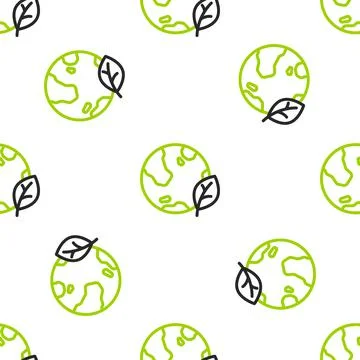 Line Earth globe and leaf icon isolated seamless pattern on white background Stock Illustration