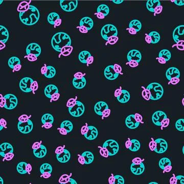 Line Earth globe and leaf icon isolated seamless pattern on black background Stockillustratie