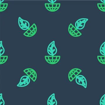 Line Earth globe and leaf icon isolated seamless pattern on blue background.  Illustrazione stock