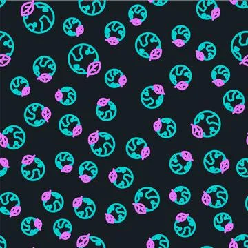 Line Earth globe and leaf icon isolated seamless pattern on black backgroun.. Stock Illustration