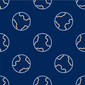 Line Earth globe icon isolated seamless pattern on blue background. World or Illustrazione stock