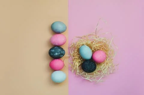 Line of Easter eggs and nestle with eggs on yellow and pink background Stock Photos