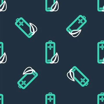 Line Eco nature leaf and battery icon isolated seamless pattern on black イラスト素材