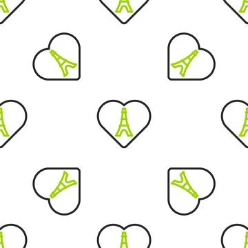 Line Eiffel tower with heart icon isolated seamless pattern on white background Stock Illustration