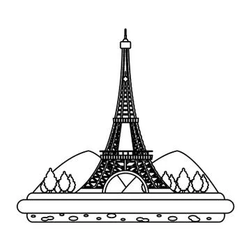 Line eiffel tower with mountainsand trees landscape Illustrazione stock