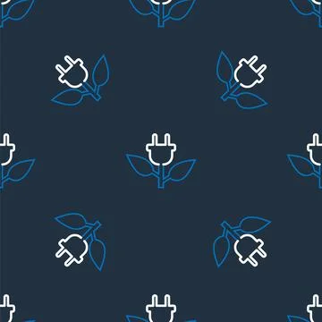 Line Electric saving plug in leaf icon isolated seamless pattern on black Stock Illustration