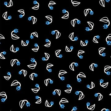 Line Electric saving plug in leaf icon isolated seamless pattern on black Stock Illustration