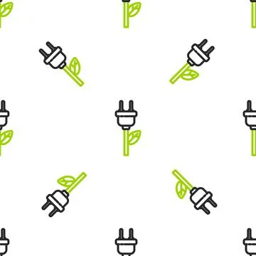 Line Electric saving plug in leaf icon isolated seamless pattern on white Illustrazione stock