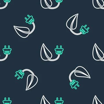 Line Electric saving plug in leaf icon isolated seamless pattern on black Illustrazione stock